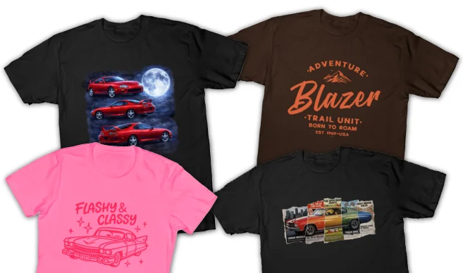 Four graphic tees from the official store. Three Supra Moon, Flashy and Classy, Blazer Adventure Trail Unit, Chevelle SS Torn Ad Collage.